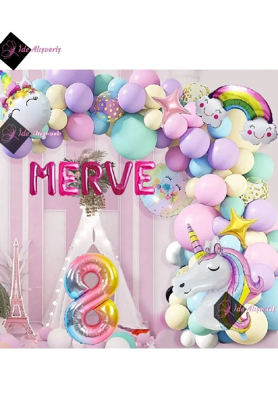 5 Harfli 8 Yaş Gökkuşağı Konsepti Unicorn Temalı Makaron Balon Doğum Günü Parti Kutlama Seti gorsel 2