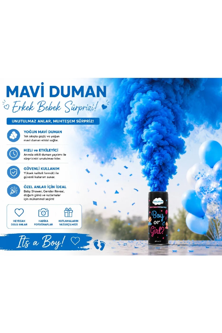 Cinsiyet Belirleme Duman Tüpü 400 ml Mavi & Pembe Gender Reveal Baby Shower Yoğun Duman Efekti gorsel 4