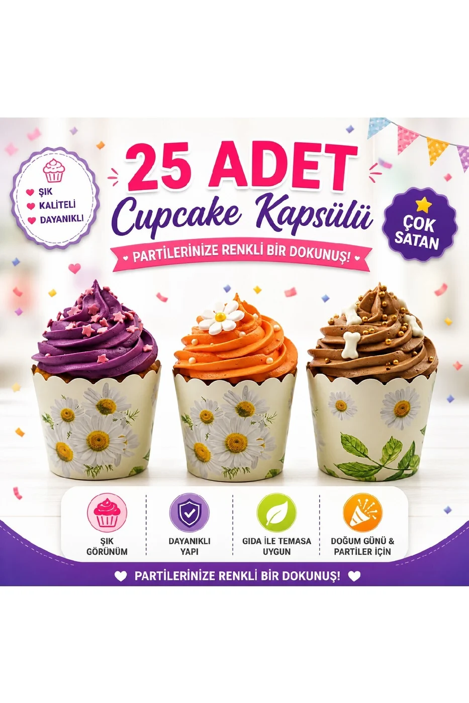 Temalı Desenli Cupcake Kapsülü 25’li – Şık Parti Muffin Kağıdı