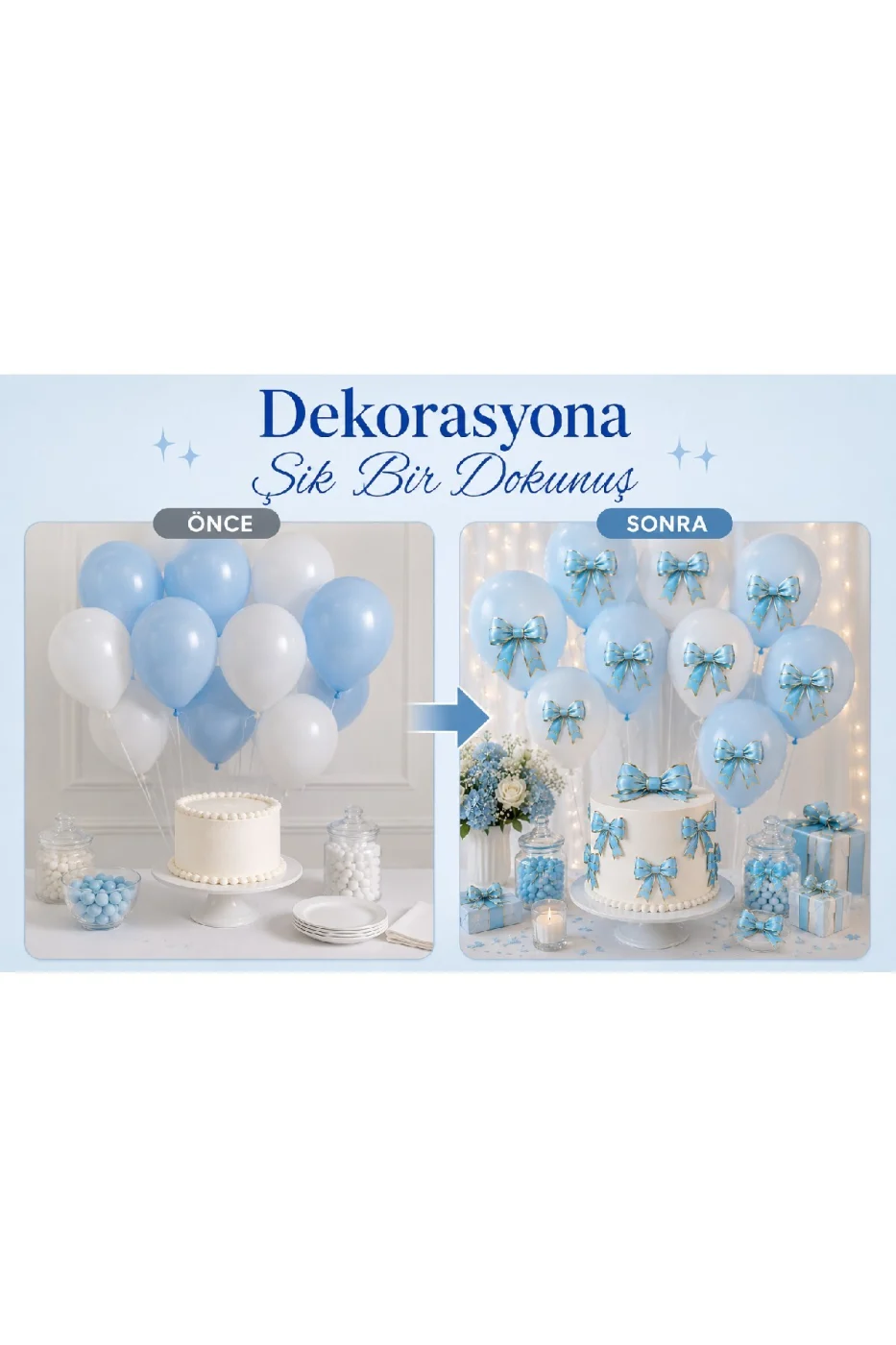 Renk Seçenekli Fiyonk Balon ve Pasta Dekor Fiyonk Seti 12 Adet Büyük & Küçük Boy Parti Süsü Baby Shower Doğum Günü Seti Süsü gorsel 2