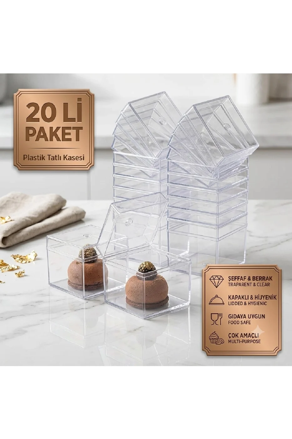 Plastik Tatlı Kasesi 20'li Paket 4x4 cm Kapaklı | Mini Magnolia, Puding, Tiramisu ve Cheesecake Sunum Kabı gorsel 4