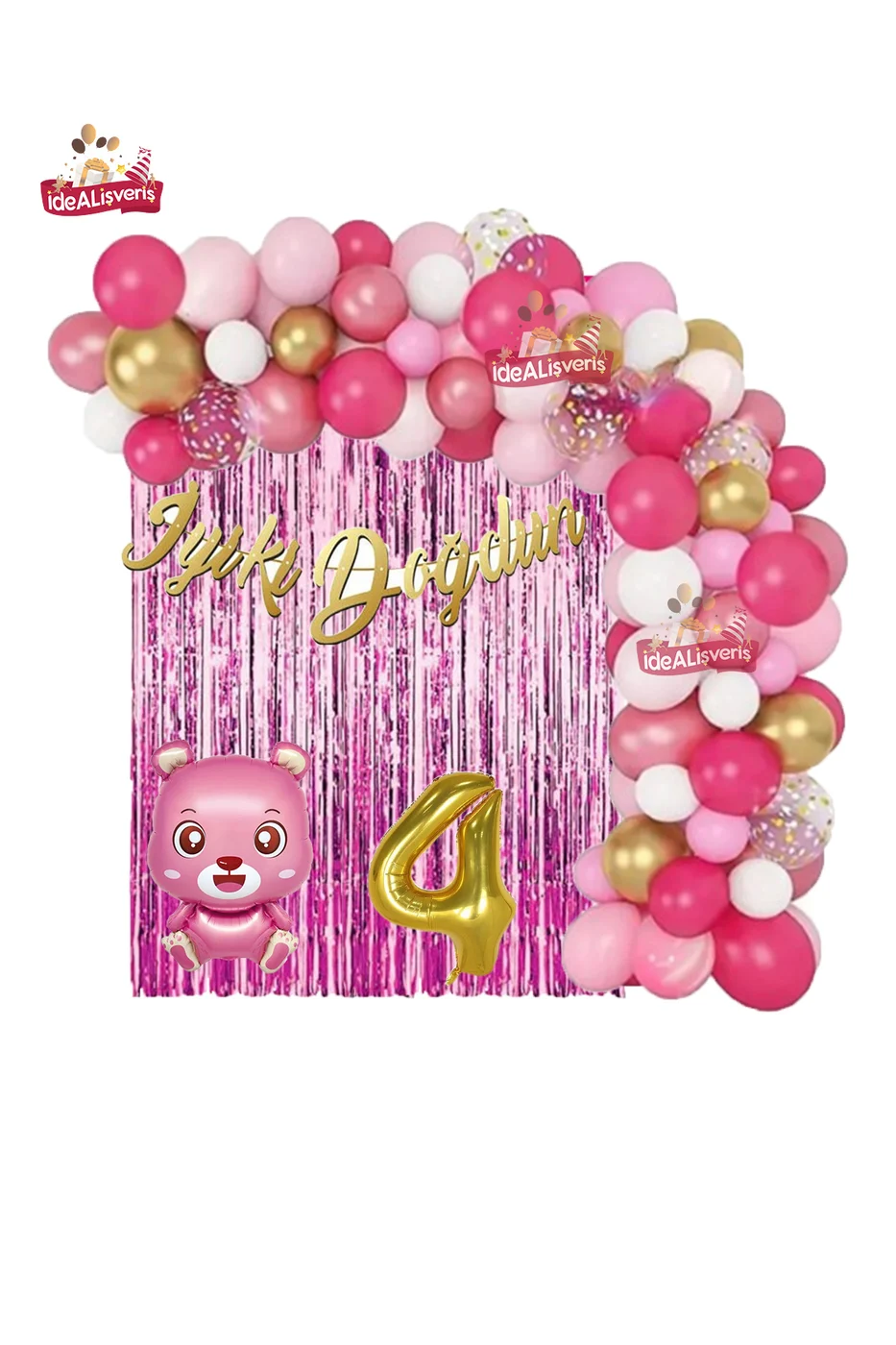 Pembe Ayıcık Gold 4 Yaş Folyo Balonlu İyi ki Doğdun Yazılı Pembe Gold Doğum Günü Parti Seti