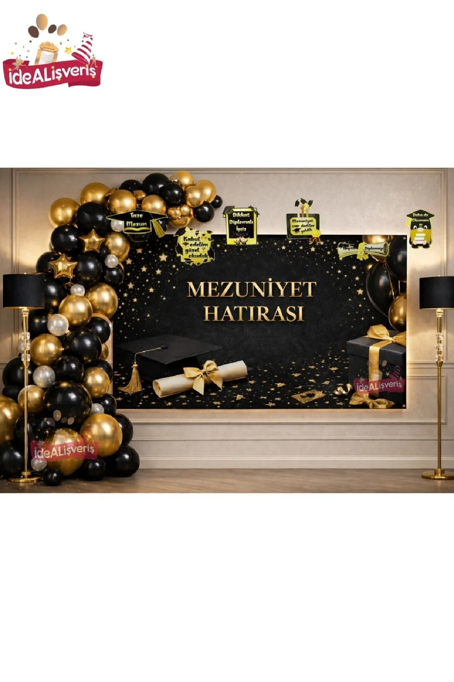 Premium Mezuniyet Hatırası Siyah Gold Konsept Parti Arka Fon & Balon Seti Mezuniyet Tam Set gorsel 3