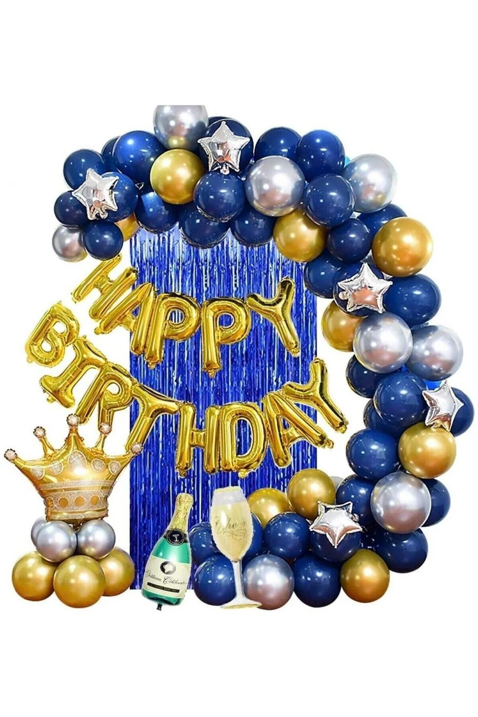 Kral Taçlı Gold Lacivert Temalı Happy Bırtday Balon Zincir Seti