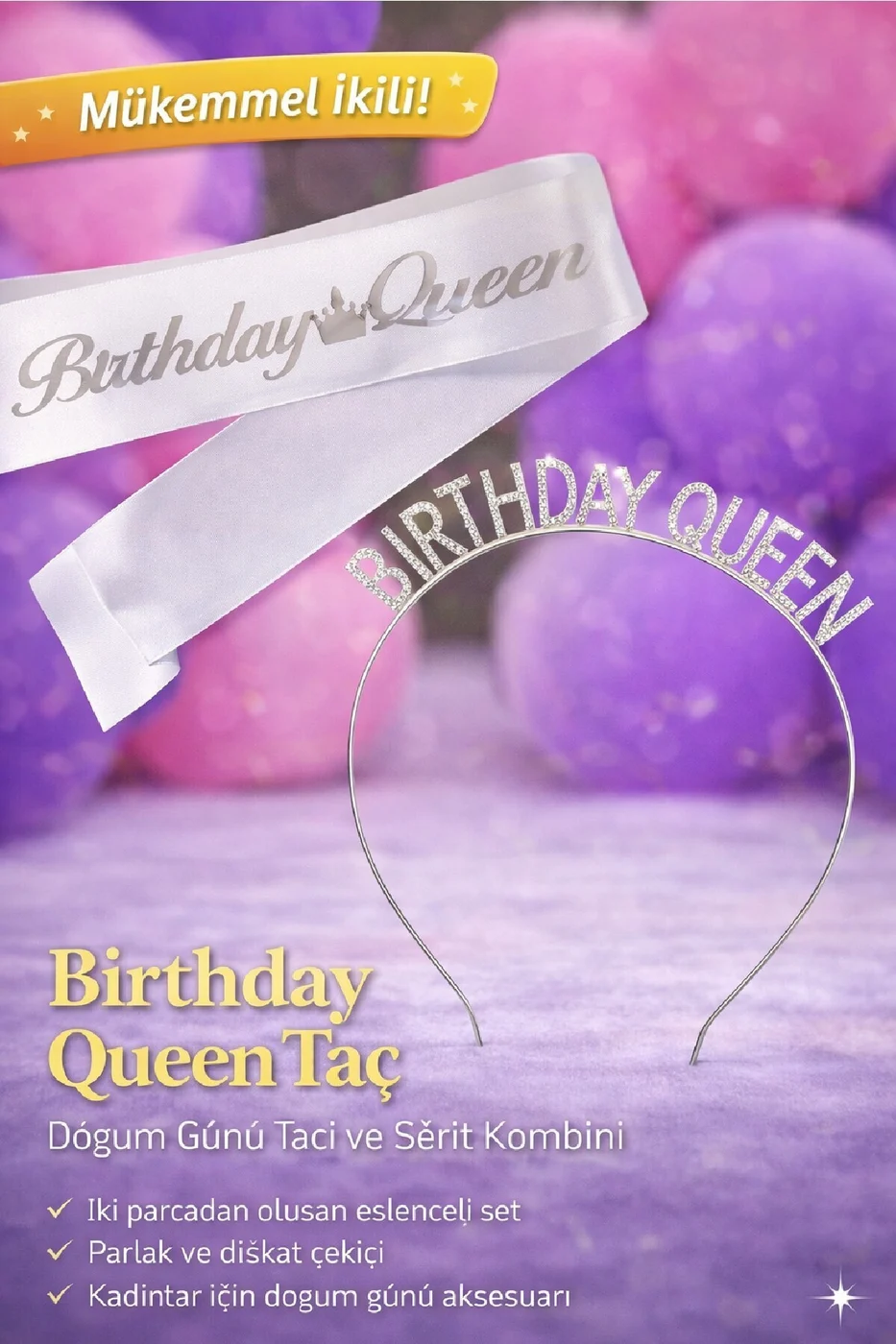 Birthday Queen Taç ve Kuşak Seti – Doğum Günü Parti Aksesuarı Gold Gümüş gorsel 2