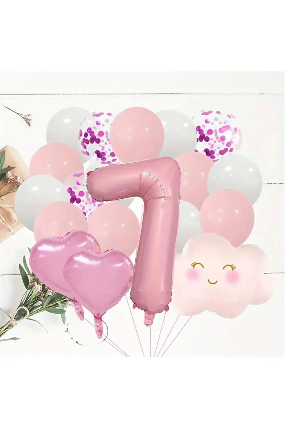 Pembe Rakam Yaş Folyo Balonlu Pembe Bulut Folyolu Doğum Günü Parti Seti Süsü gorsel 4