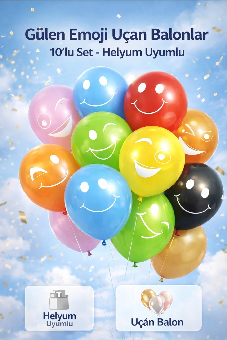 10'lu Gülen Emoji Balon Seti – Renkli Latex Doğum Günü Parti Balonları (11 İnç) gorsel 2