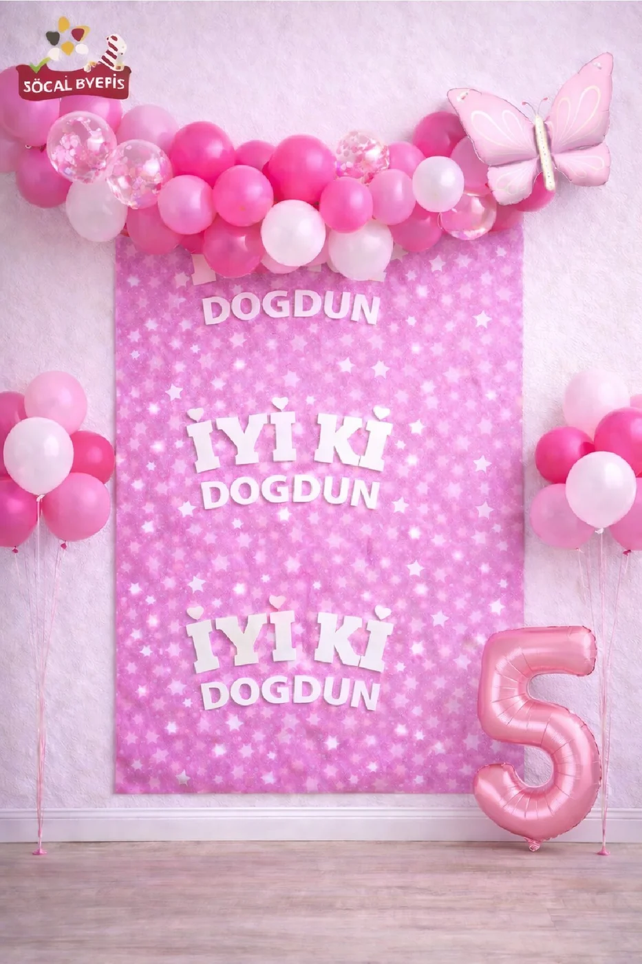 Retro Kelebekli Pembe Yaş Balonlu İyi Ki Doğdun Baskılı Arkafon Doğum Günü Parti Seti Süsü