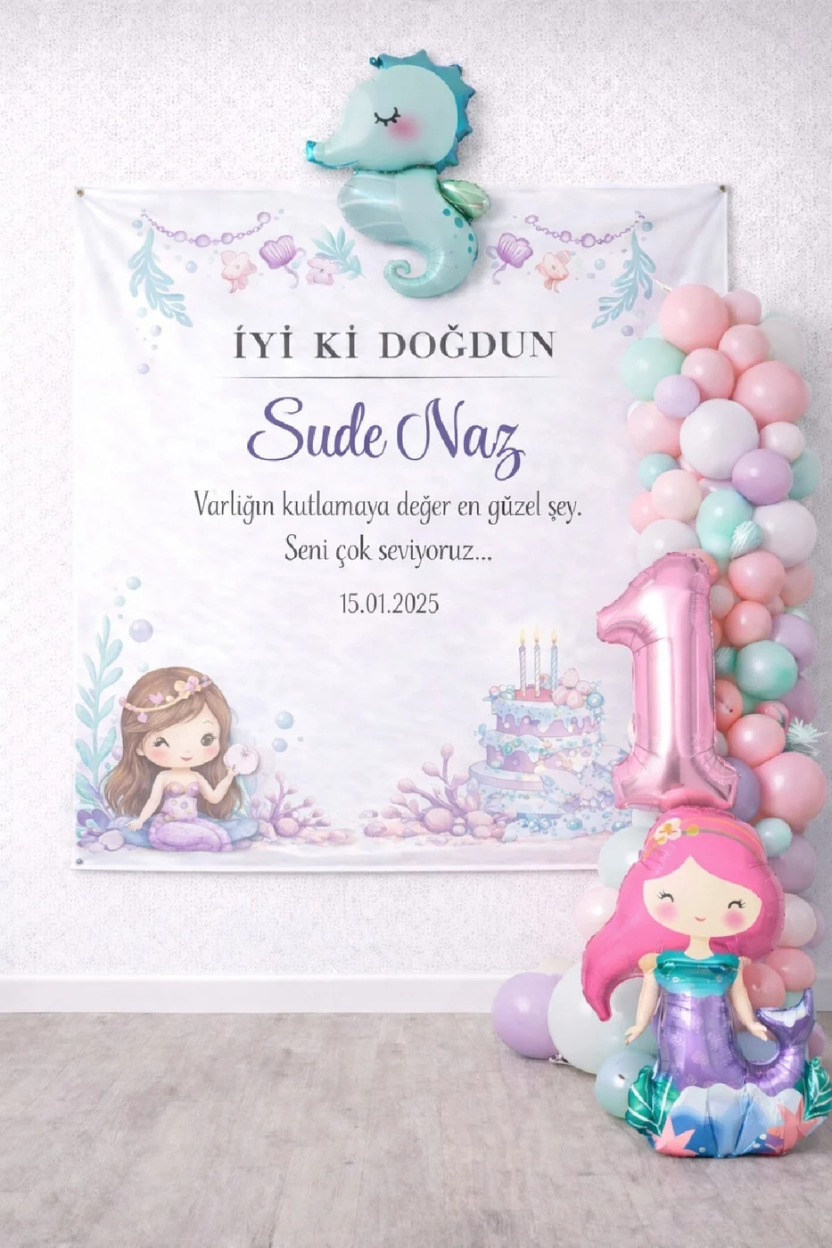 İsme Özel Deniz Kızı & Deniz Atı Temalı Premium Doğum Günü Parti Seti Süsü Branda Dahil