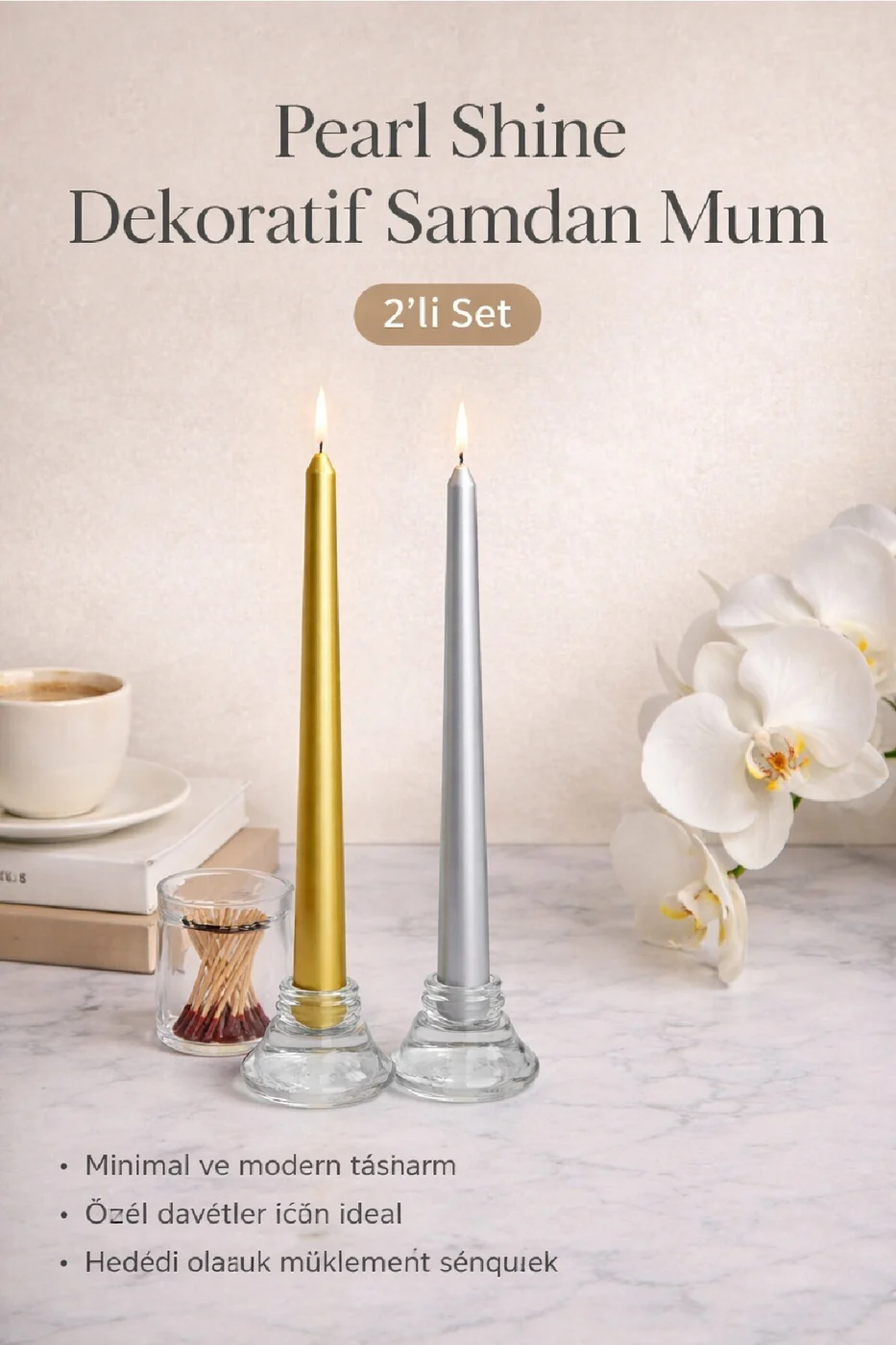 LUXE Şamdan Mum Seti 2’li Gold / Ivory / Silver Dekoratif Uzun Şamdan Mum