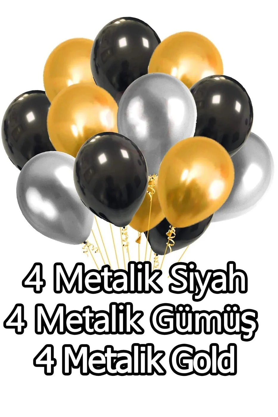 12li Metalik 4 Siyah, 4 Gümüş Gri, 4 Gold Altın Sarısı Parlak Balon Buketi Helyumla Uçan gorsel 3