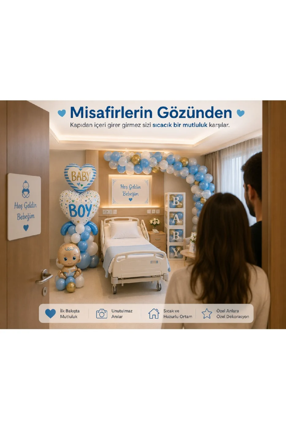 Hoş Geldin Bebek Hastane Odası Süsleme Seti | Erkek & Kız Bebek Dekorasyon Seti | BABY Kutu Seti, Baby Boy/Girl Balon, Bebek Folyo, Balon Zinciri | Premium Fotoğraf Çekim Konsepti gorsel 4