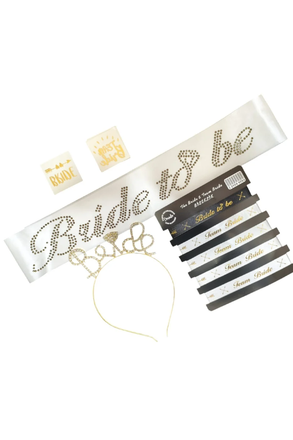 Bride To Be Bekarlığa Veda Seti 5 Parça – Taşlı Kuşak, Taşlı Metal Taç, Bileklik ve Dövme Seti Beyaz Gold gorsel 2
