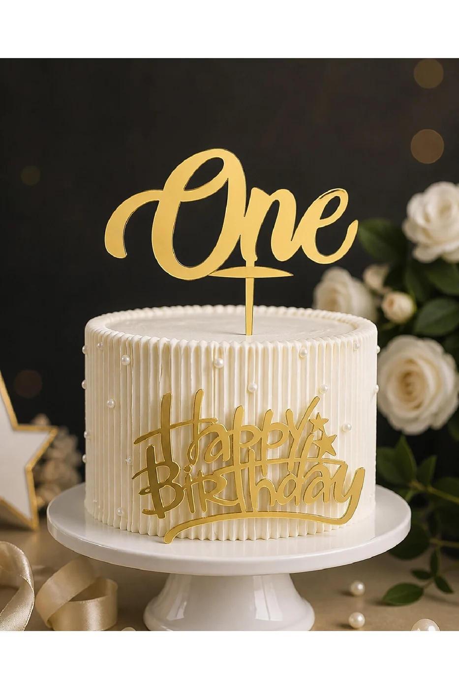 1 Yaş One Pasta Süsü Seti Pleksi Gold & Gümüş Happy Birthday Pasta Önü Yazı Dekor