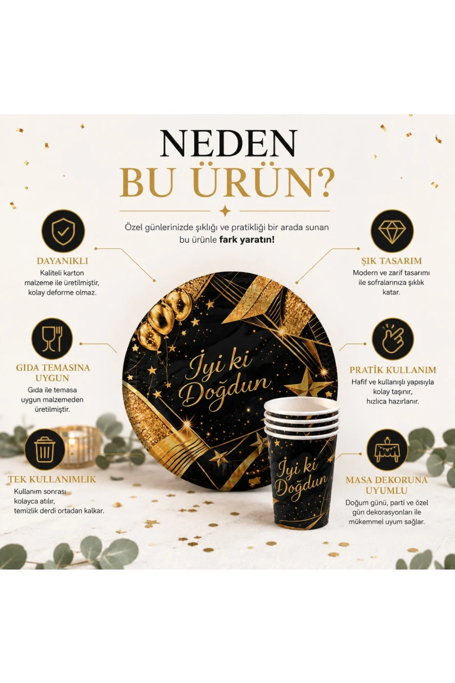 Karton Tabak Bardak Seti 8 Tabak 8 Bardak Tek Kullanımlık Doğum Günü Parti Sofra Seti | Siyah, Yeşil ve Gold Renk Seçenekleri gorsel 6