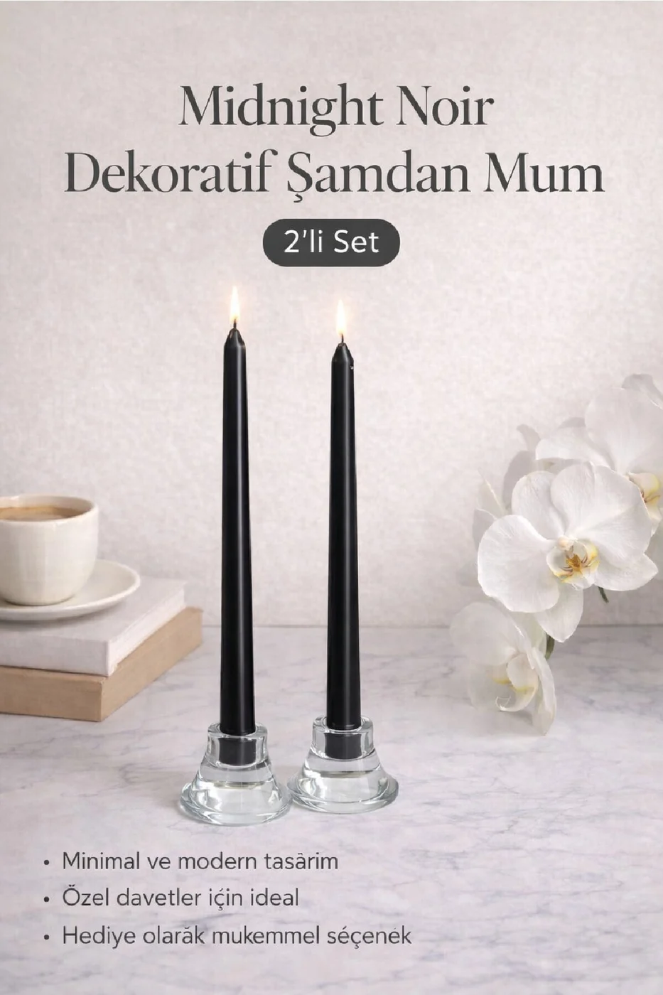 LUXE Şamdan Mum Seti 2’li Gold / Ivory / Silver Dekoratif Uzun Şamdan Mum