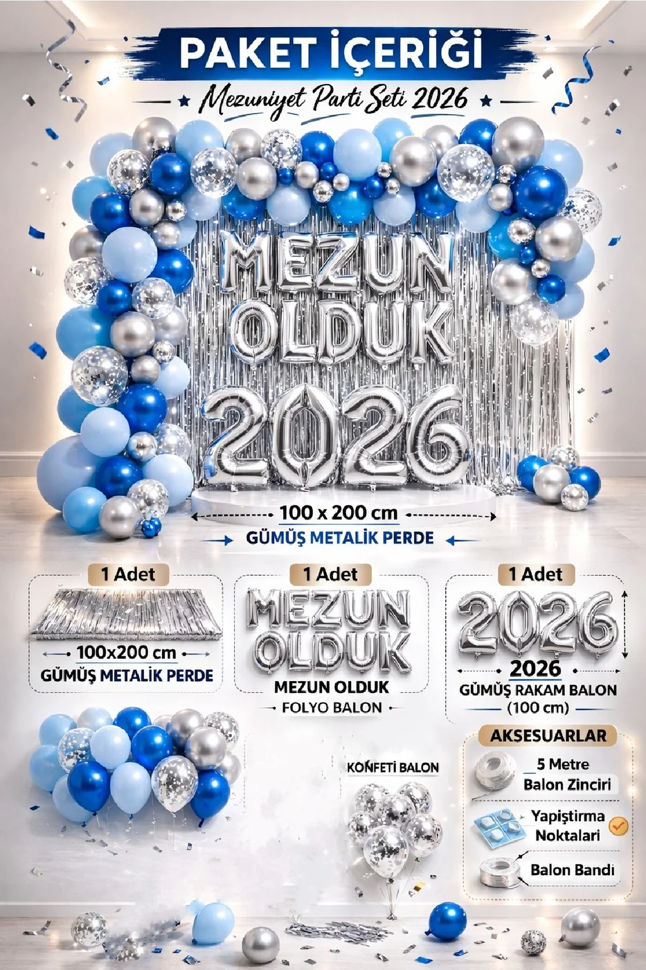 Premium Mavi Gümüş Mezuniyet Parti Seti 2026 Mezun Olduk Arka Fonlu Balon Zincirli Konsept gorsel 3