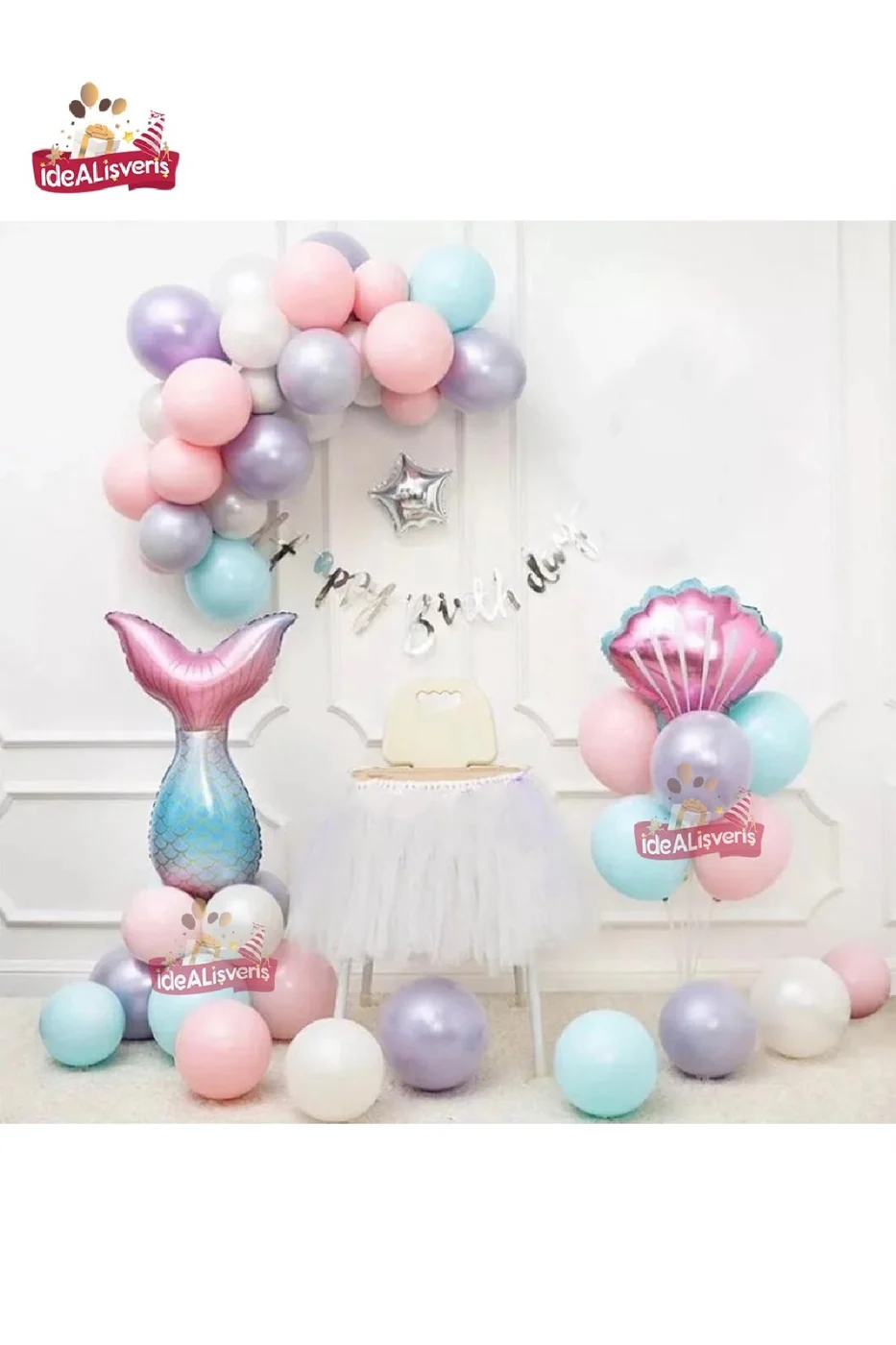 KIZ ÇOCUKLAR İÇİN DENİZ KIZI  BALON FAW KONSEPT DOĞUM GÜNÜ PARTİ SETİ SÜSÜ gorsel 2