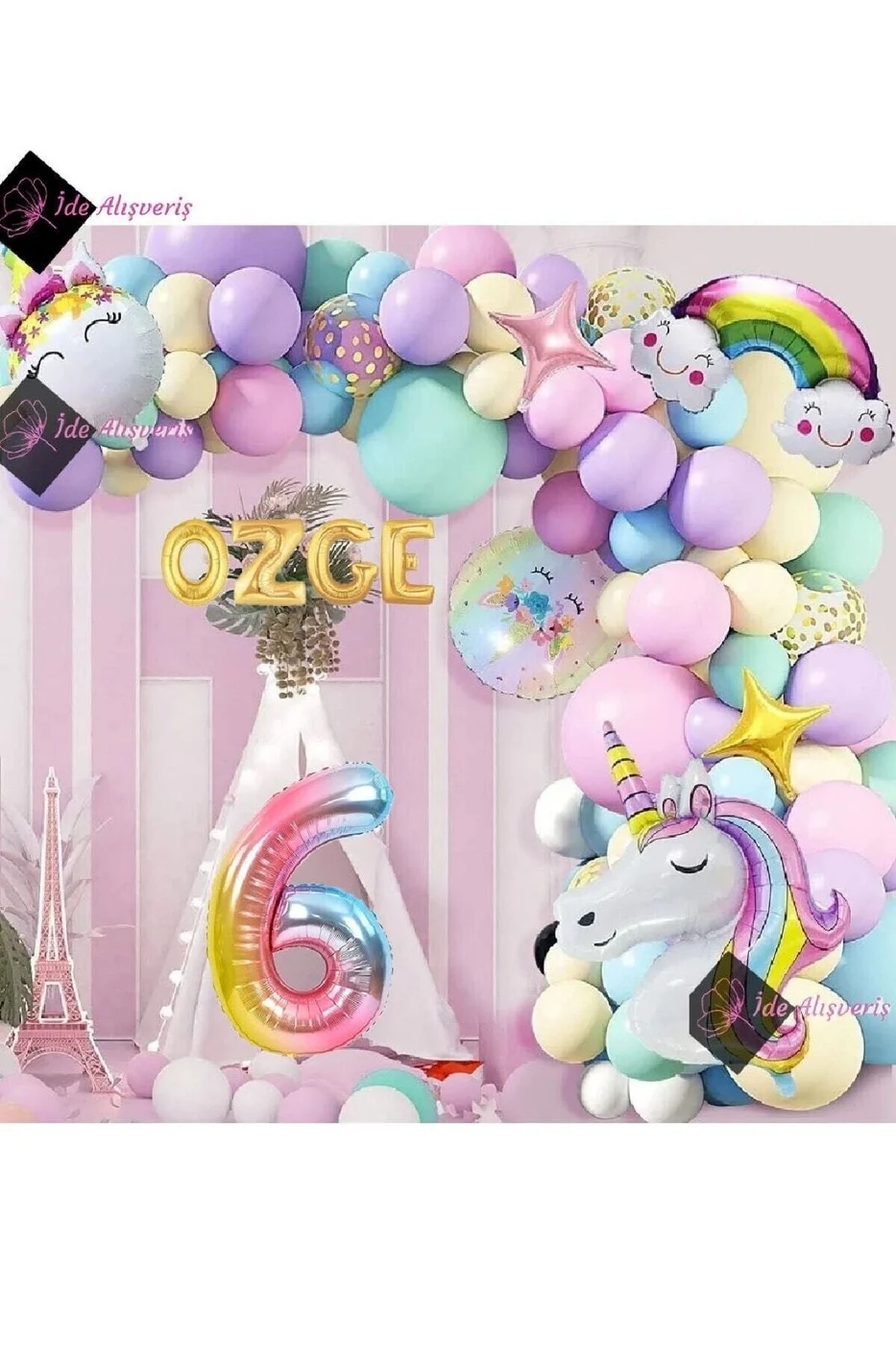 4 Harfli 6 Yaş Gökkuşağı Konsepti Unicorn Temalı Makaron Balon Doğum Günü Parti Kutlama Seti