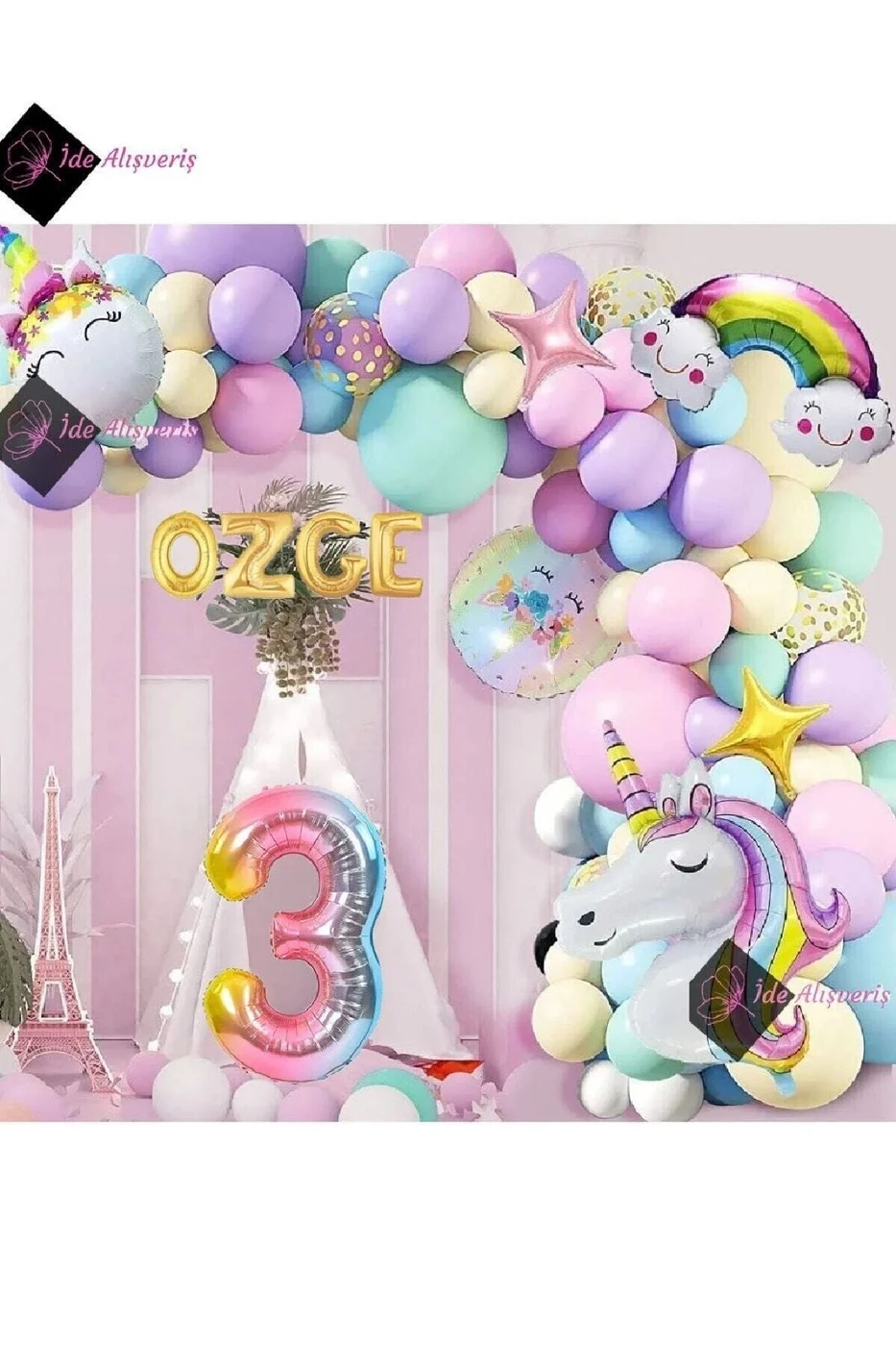 4 Harfli 3 Yaş Gökkuşağı Konsepti Unicorn Temalı Makaron Balon Doğum Günü Parti Kutlama Seti gorsel 3