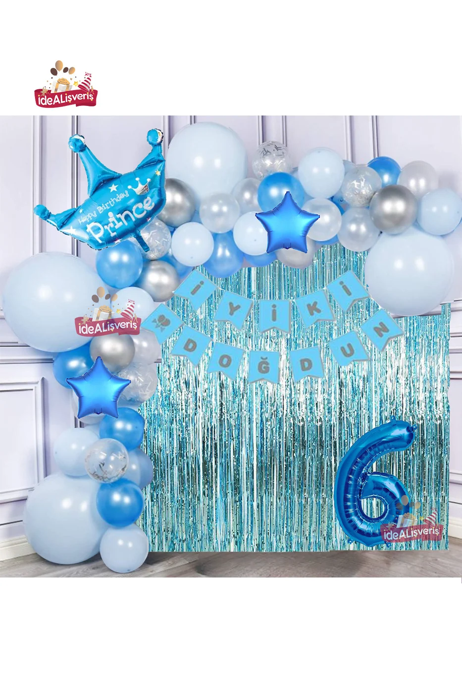 Yıldızlı Mavi Gümüş Konseptli 6 Yaş Prens Taçlı Doğum Günü Balon Zincir Seti
