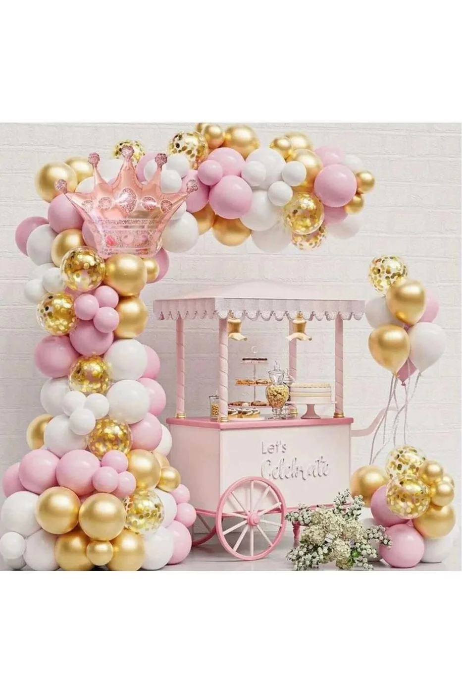 ROSE GOLD TAÇ FOLYOLU PEMBE BEYAZ GOLD BALONLU DOĞUM GÜNÜ PARTİ SETİ SÜSÜ gorsel 4