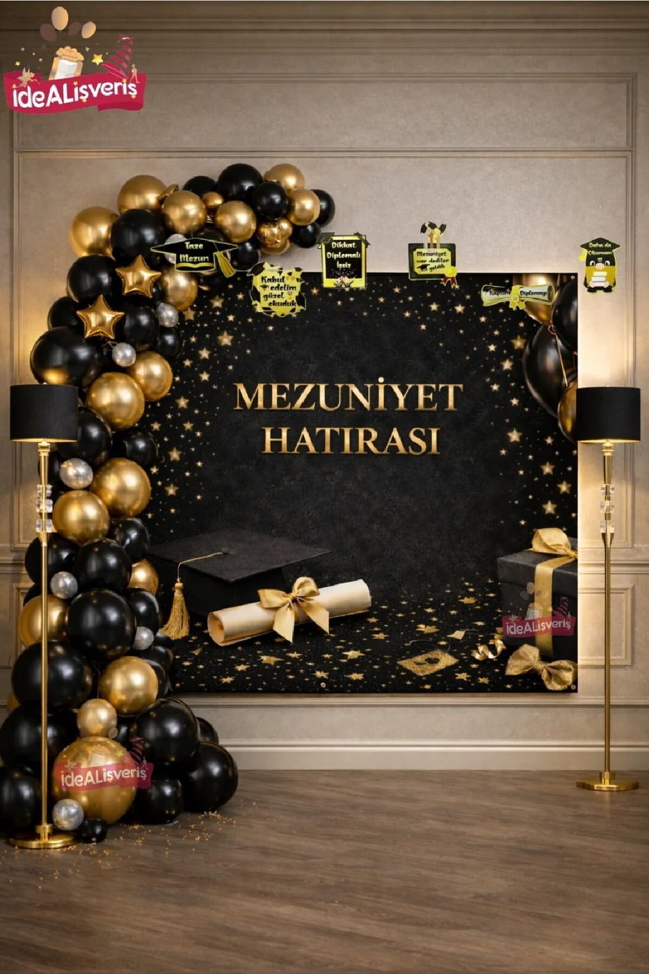 Premium Mezuniyet Hatırası Siyah Gold Konsept Parti Arka Fon & Balon Seti Mezuniyet Tam Set