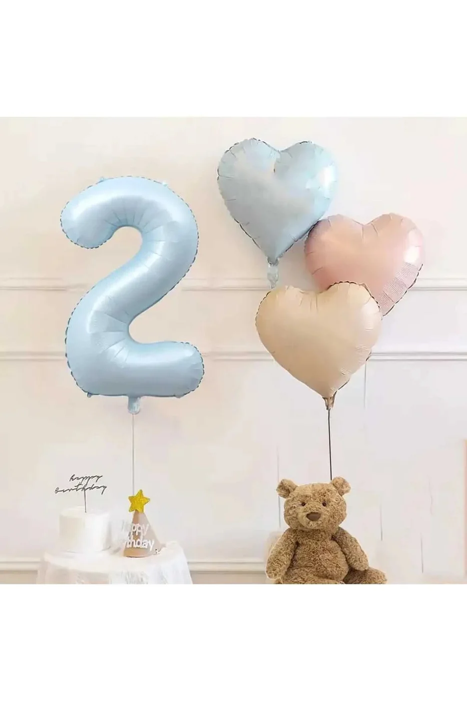 2 Yaş Mavi Rakam Folyo Balon Retro Mavi Pembe Satin Kalp Folyo Balon Doğum Günü Balon Seti
