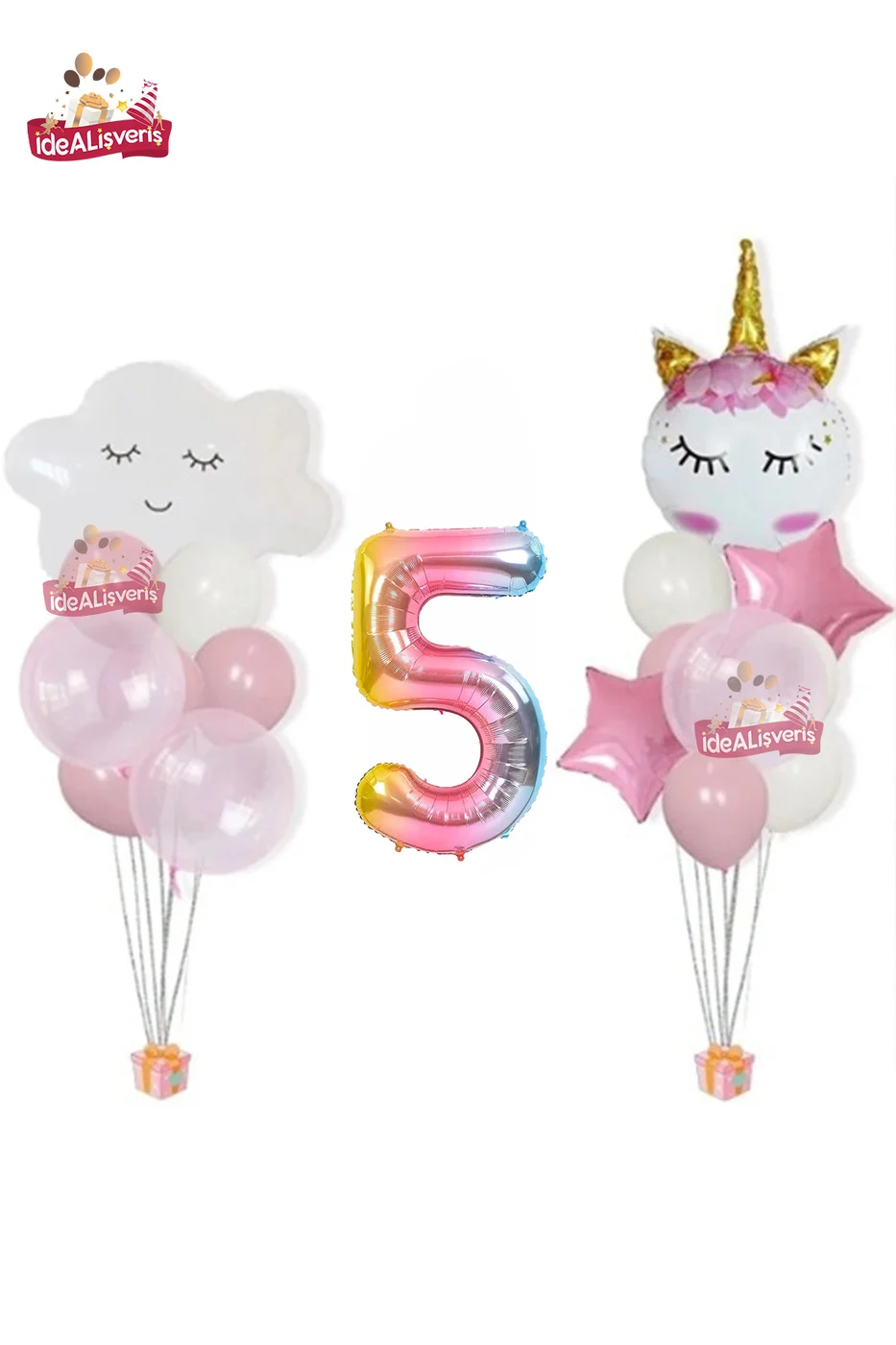 Bulut Eyelash Gökkuşağı 5 Yaş Folyo Pembe Beyaz Balonlu Doğum Günü Parti Seti