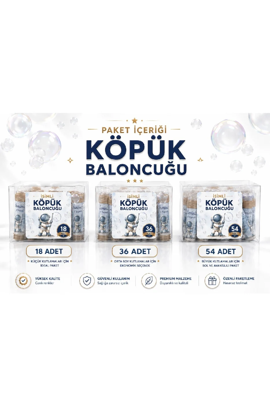 Kişiye Özel İsim Baskılı Uzay Temalı Köpük Baloncuk Bubble Oyuncağı Çocuk Doğum Günü Parti Hediyeliği 18'li 36'lı 54'lü Set gorsel 4