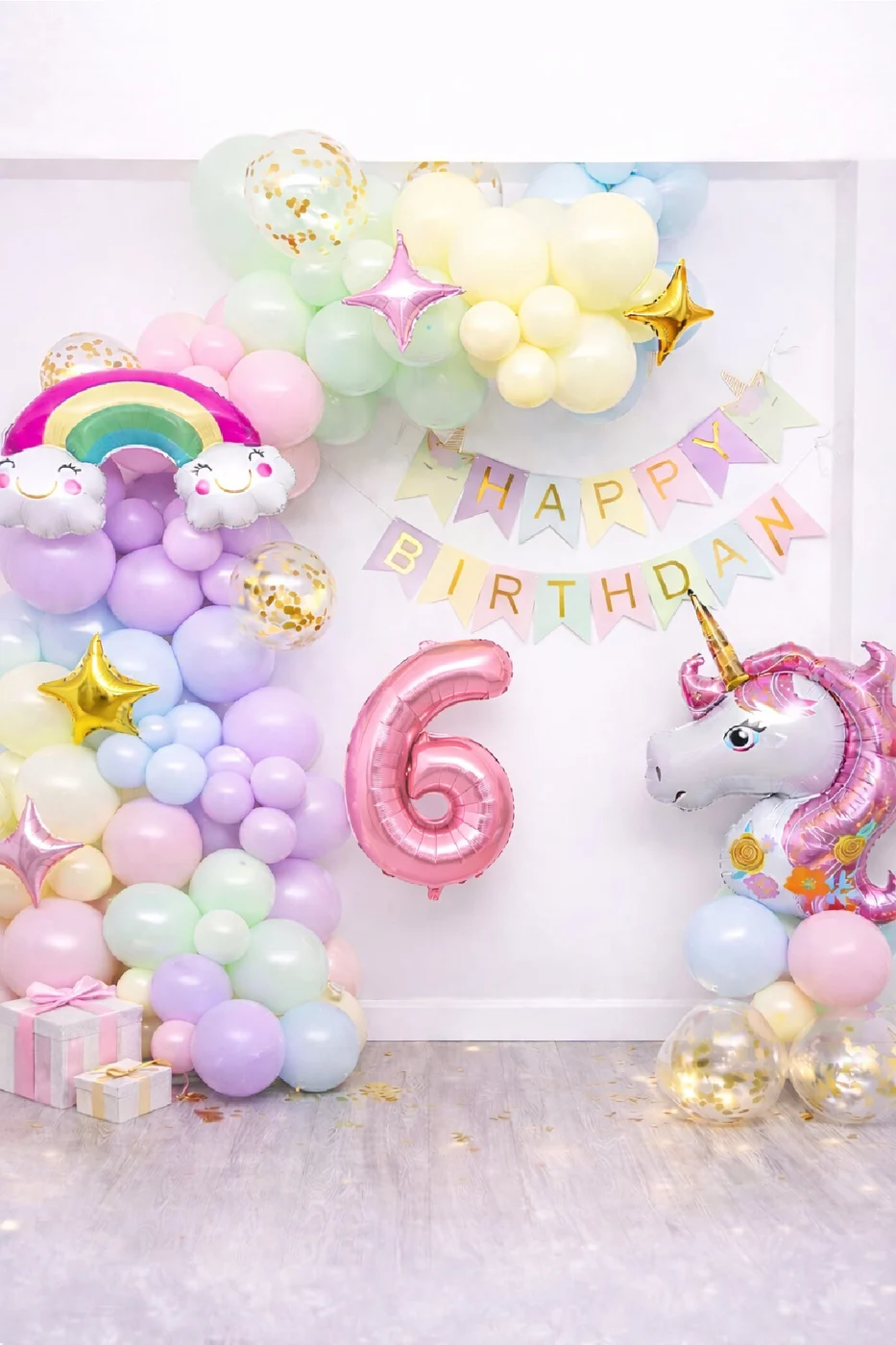 Yaş Balonlu Unicorn Temalı Pastel Doğum Günü Süsleme Seti Balon Zincirli Deluxe Parti Seti Konsepti
