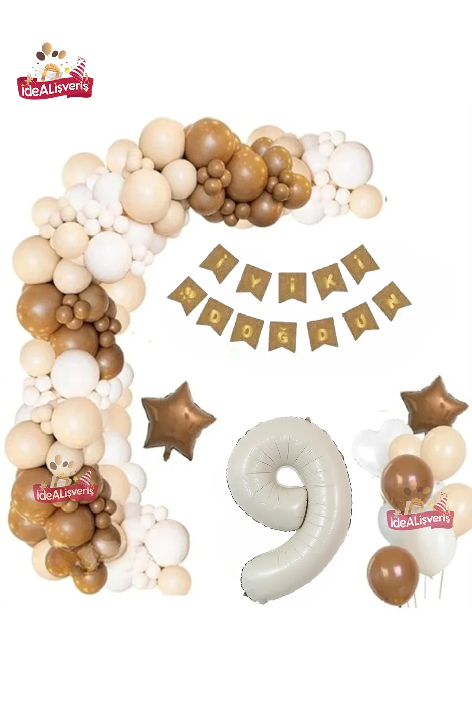 9 Yaş Krem Kraft Bannerli Kahve Beyaz Konsept Doğum Günü Seti