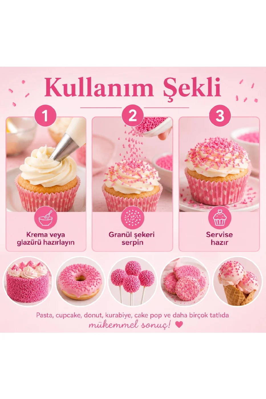 🌟 Pembe Granül Pasta Süsü 200 Gr | Pasta, Cupcake, Donut, Kurabiye ve Tatlı Süsleme Şekeri gorsel 3