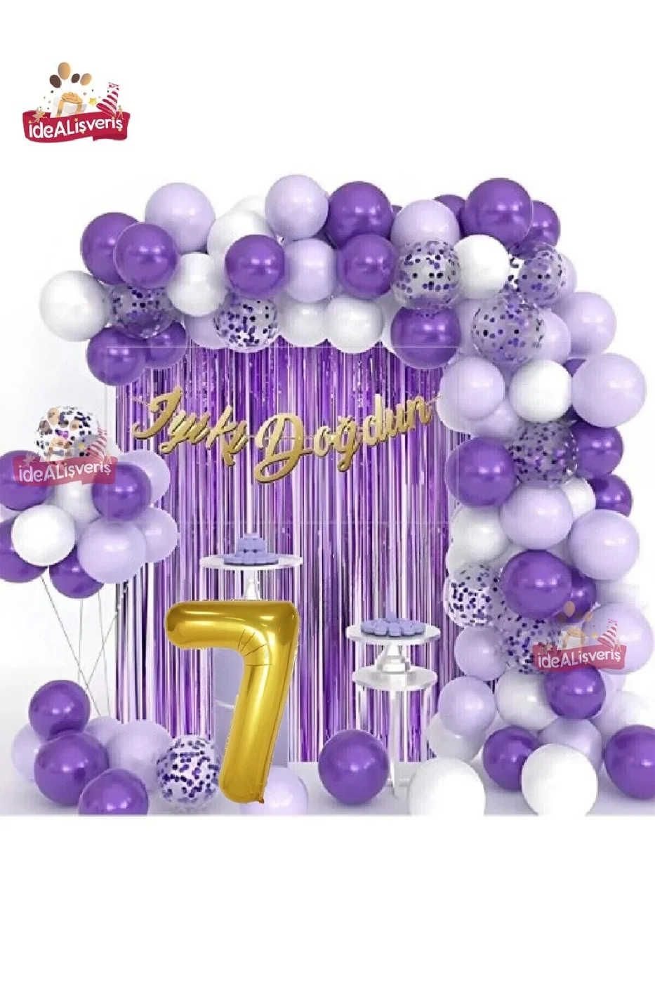 Lüks Mor Lila Beyaz Gold Yaş Folyolu Doğum Günü Balon Zincir Seti