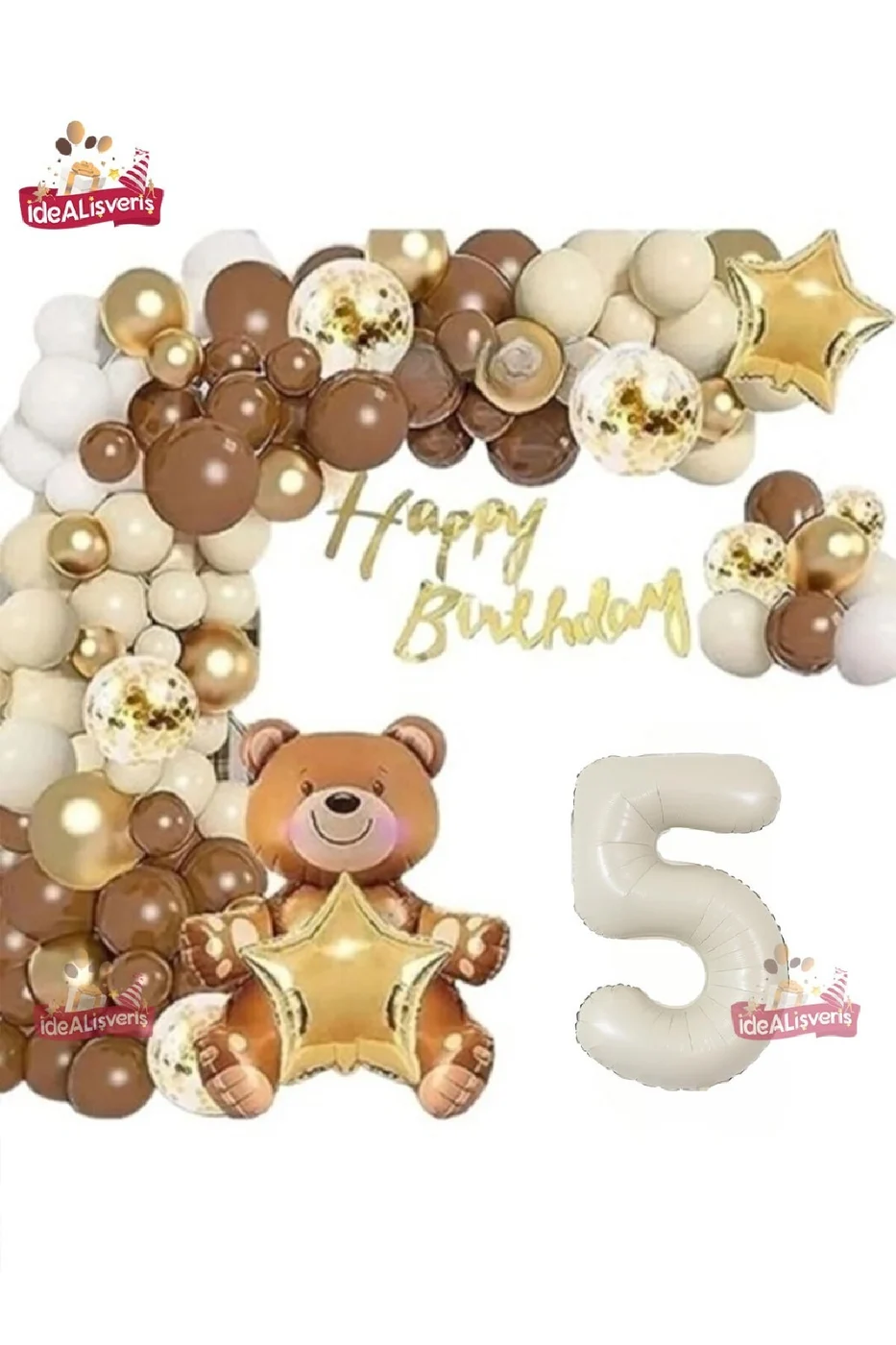 LÜKS KAHVERENGİ OTURAN AYI KREM 5 YAŞ BALON SETİ DOĞUM GÜNÜ SÜSÜ PARTİ SETİ gorsel 3
