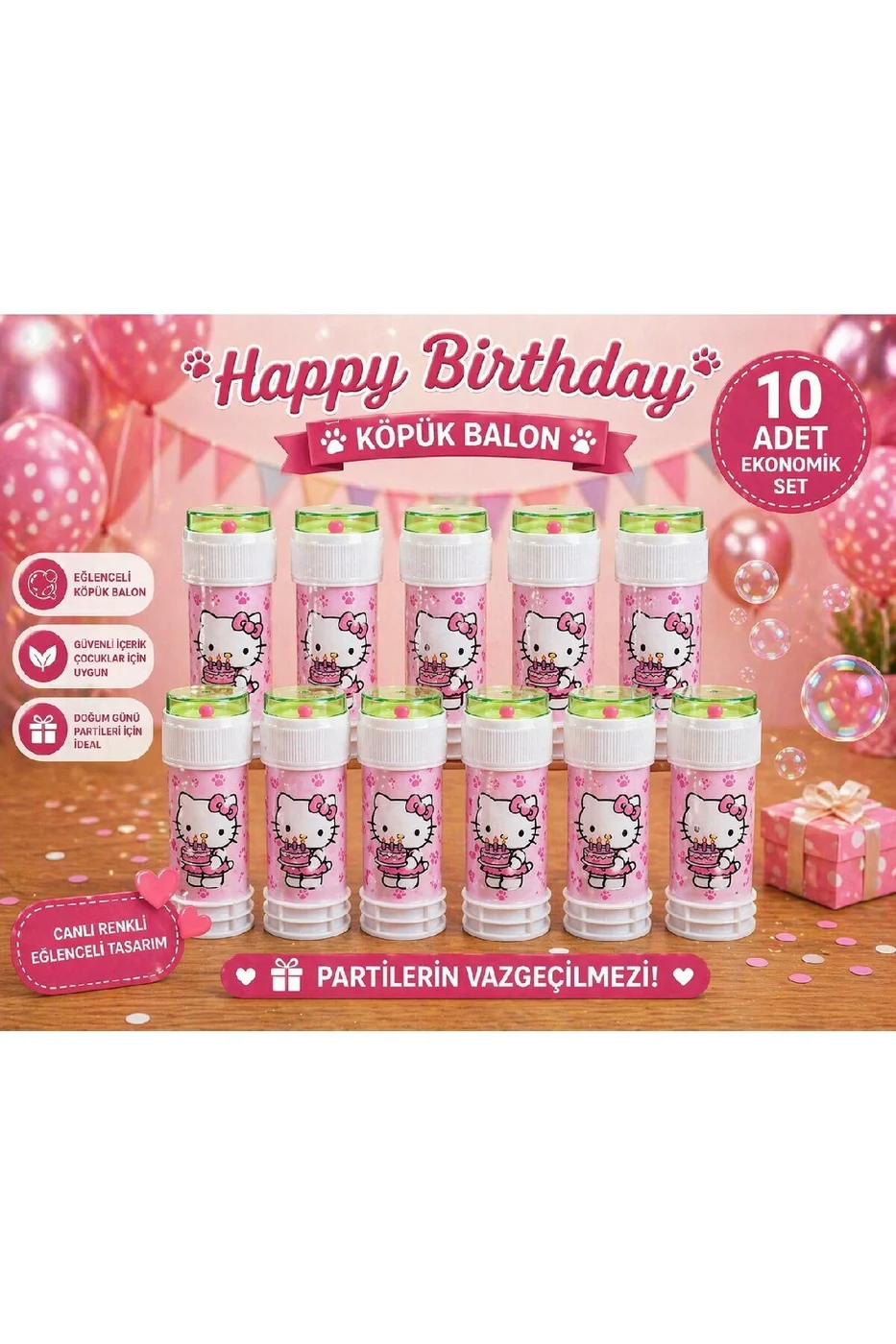 Happy Birthday Köpük Balon 10’lu Set Pembe Kedi Temalı Doğum Günü Parti Oyuncağı Çocuklar İçin Eğlenceli Köpük Baloncuk