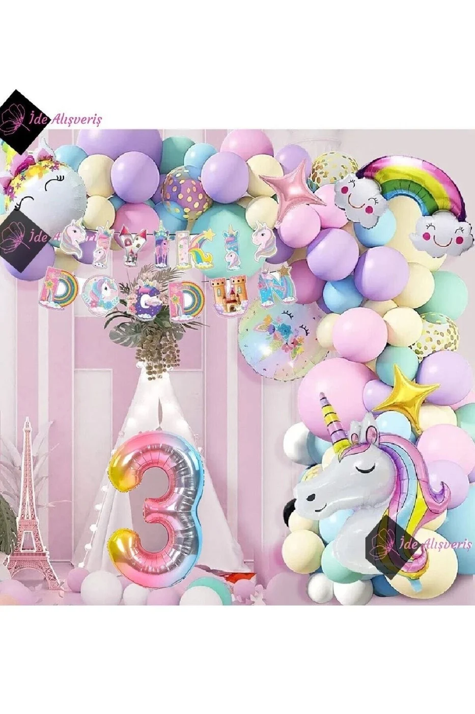 3 Yaş Karakterli Unicorn Temalı Iyi Ki Doğdun Makaron Balon Doğum Günü Parti Kutlama Seti gorsel 2