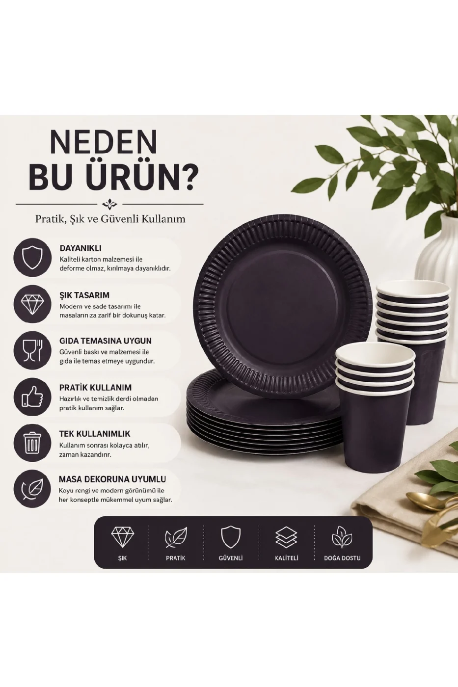 Karton Tabak Bardak Seti 8 Tabak 8 Bardak Tek Kullanımlık Doğum Günü Parti Sofra Seti | Siyah, Yeşil ve Gold Renk Seçenekleri gorsel 6