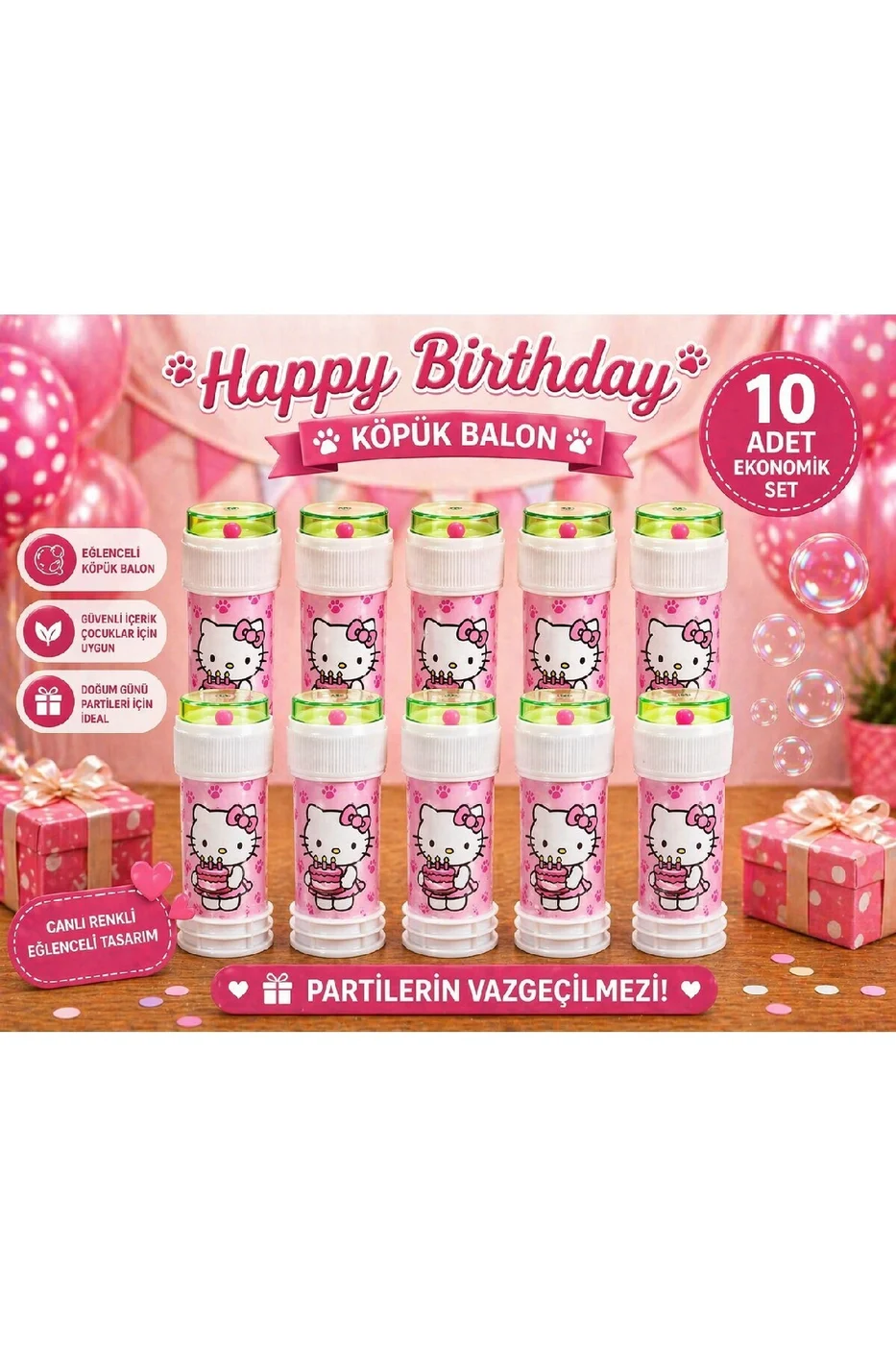 Happy Birthday Köpük Balon 10’lu Set Pembe Kedi Temalı Doğum Günü Parti Oyuncağı Çocuklar İçin Eğlenceli Köpük Baloncuk gorsel 2