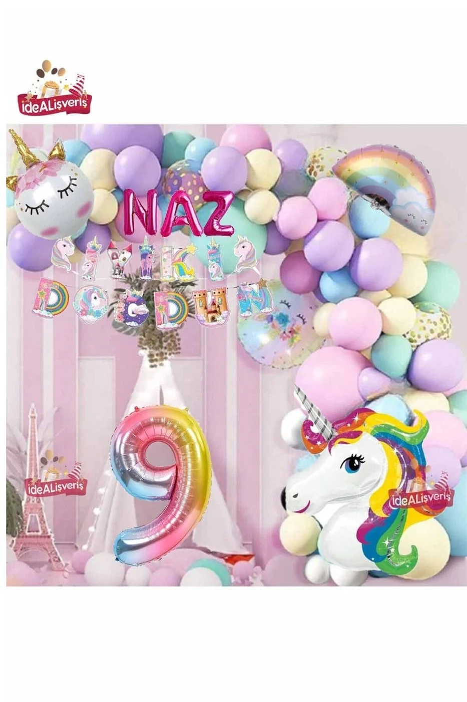 3 Harfli 9 Yaş Unicorn Temalı Iyi Ki Doğdun Makaron Balon Doğum Günü Parti Kutlama Seti Süsü gorsel 3