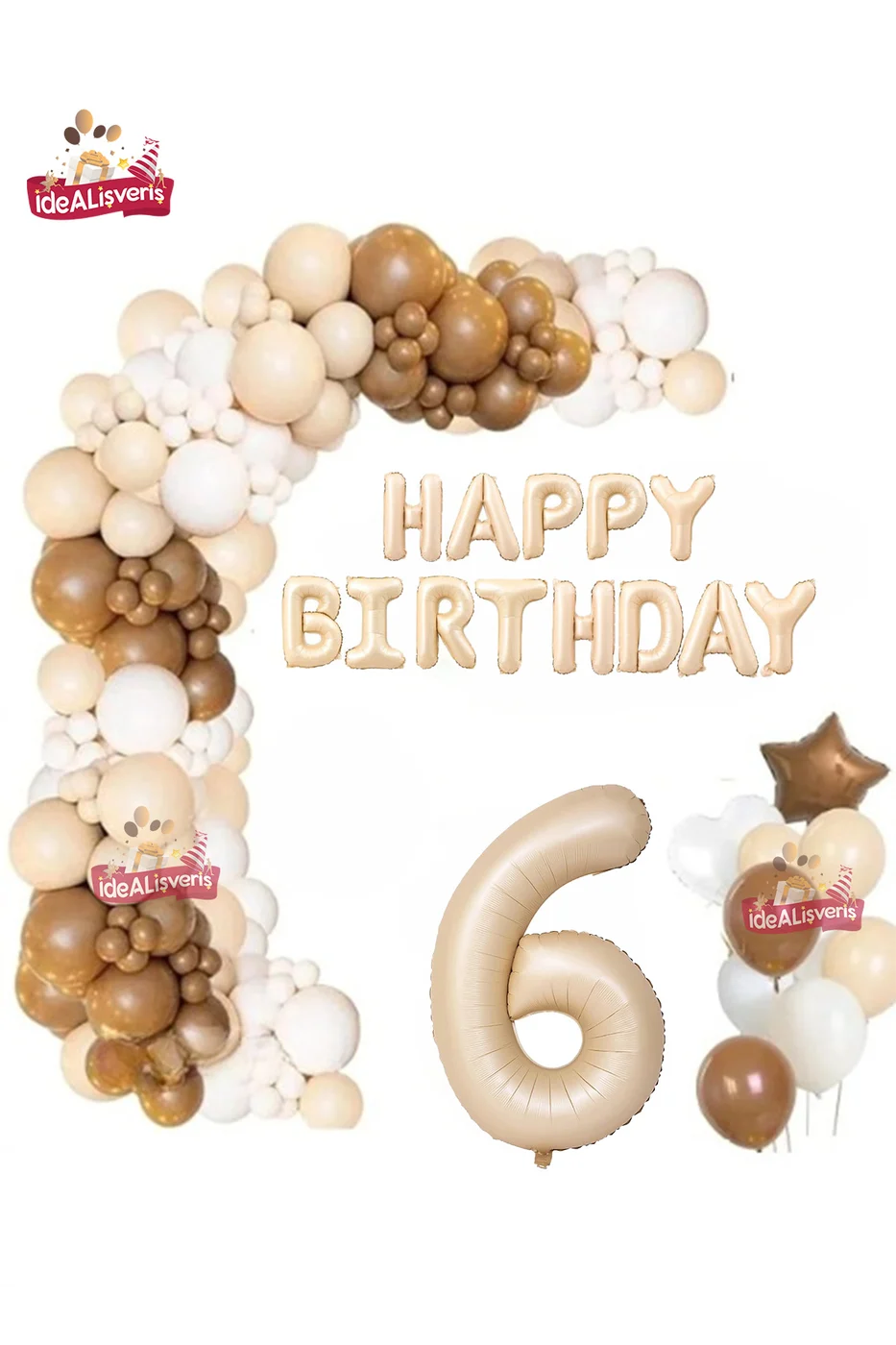 Bej Happy Birthday 6 Yaş Folyo Balon Bej Beyaz Kahverengi Konsept Doğum Günü Parti Seti