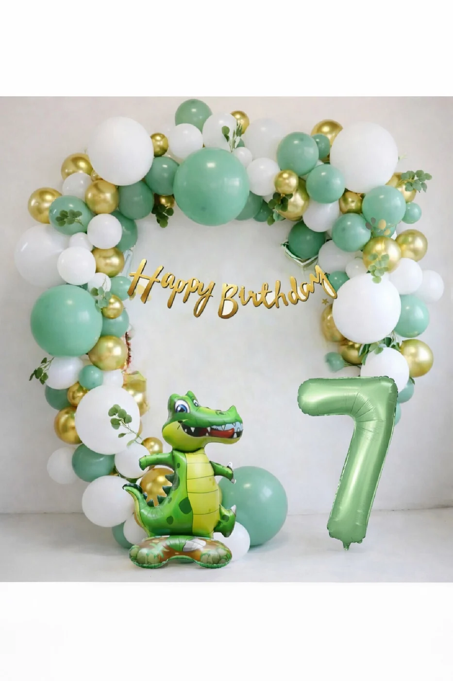 Dinozor Temalı Yaş Balonlu Doğum Günü Parti Seti Yeşil Gold Balon Seti & Dino Balon Seti