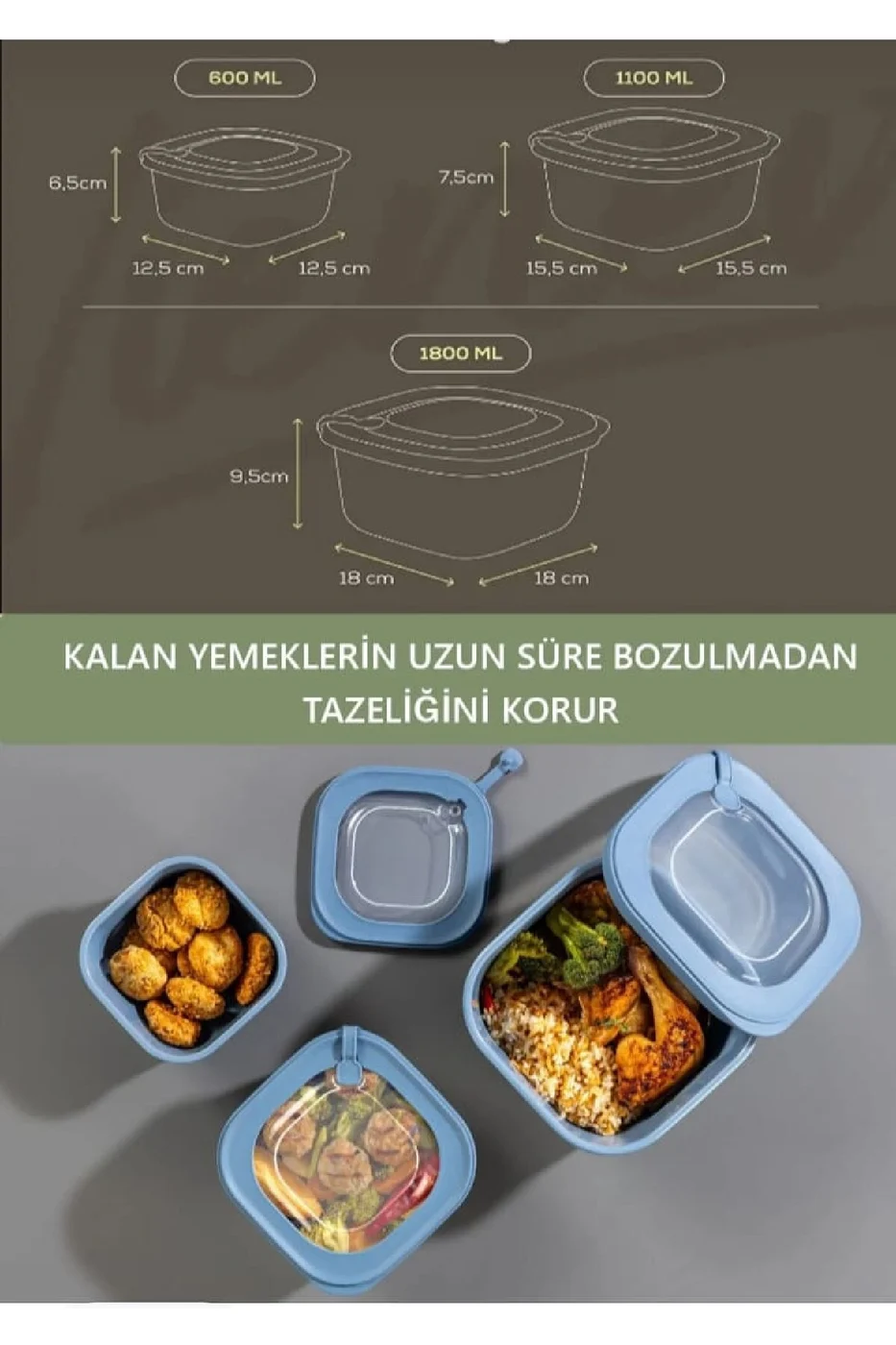 3'LÜ LİNE KARE SLİKON KAPAK HAVA ALMAZ MİKRODALGA VE BUZLUK SAKLAMA KABI SETİ gorsel 2