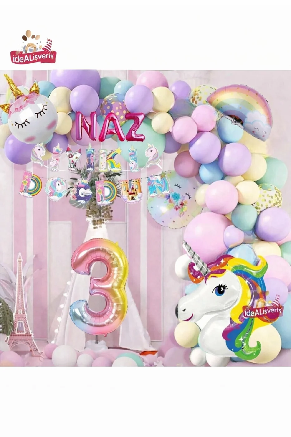 3 Harfli 2 Yaş Unicorn Temalı Iyi Ki Doğdun Makaron Balon Doğum Günü Parti Kutlama Seti Süsü
