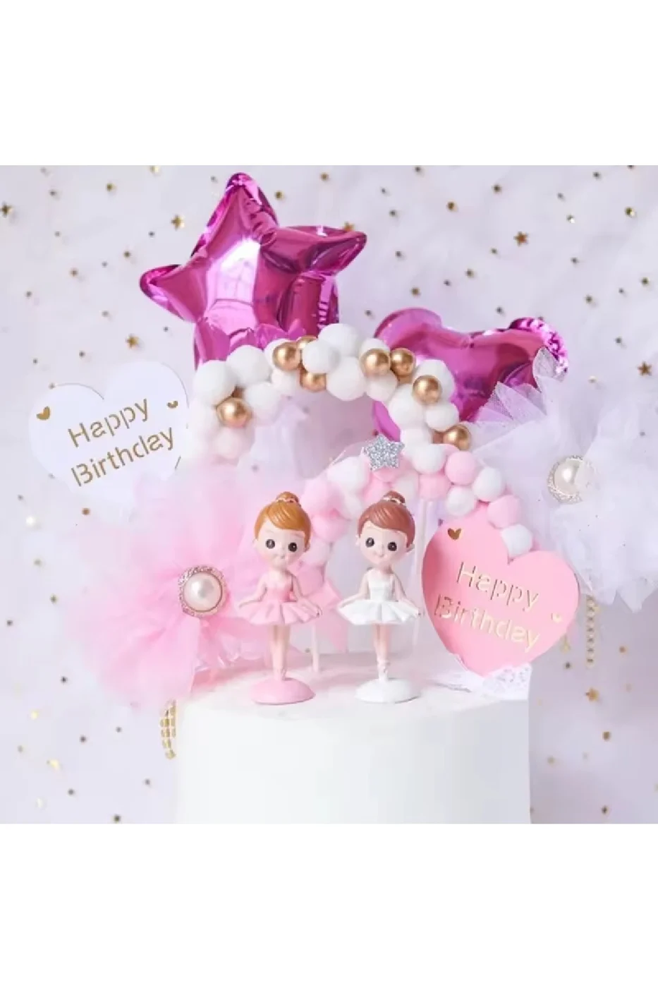 Pasta Kek Dekorasyon Pembe Beyaz Tüy Topu Kemer Balon Kek Toppers Doğum Günü Partisi Dekor Süsü gorsel 4