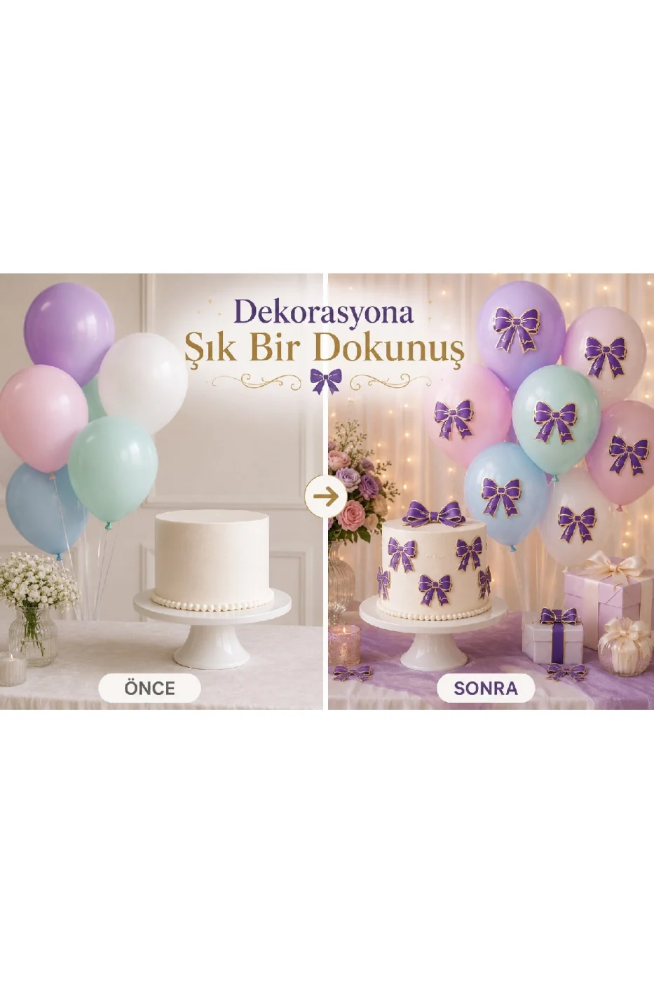 Renk Seçenekli Fiyonk Balon ve Pasta Dekor Fiyonk Seti 12 Adet Büyük & Küçük Boy Parti Süsü Baby Shower Doğum Günü Seti Süsü gorsel 5