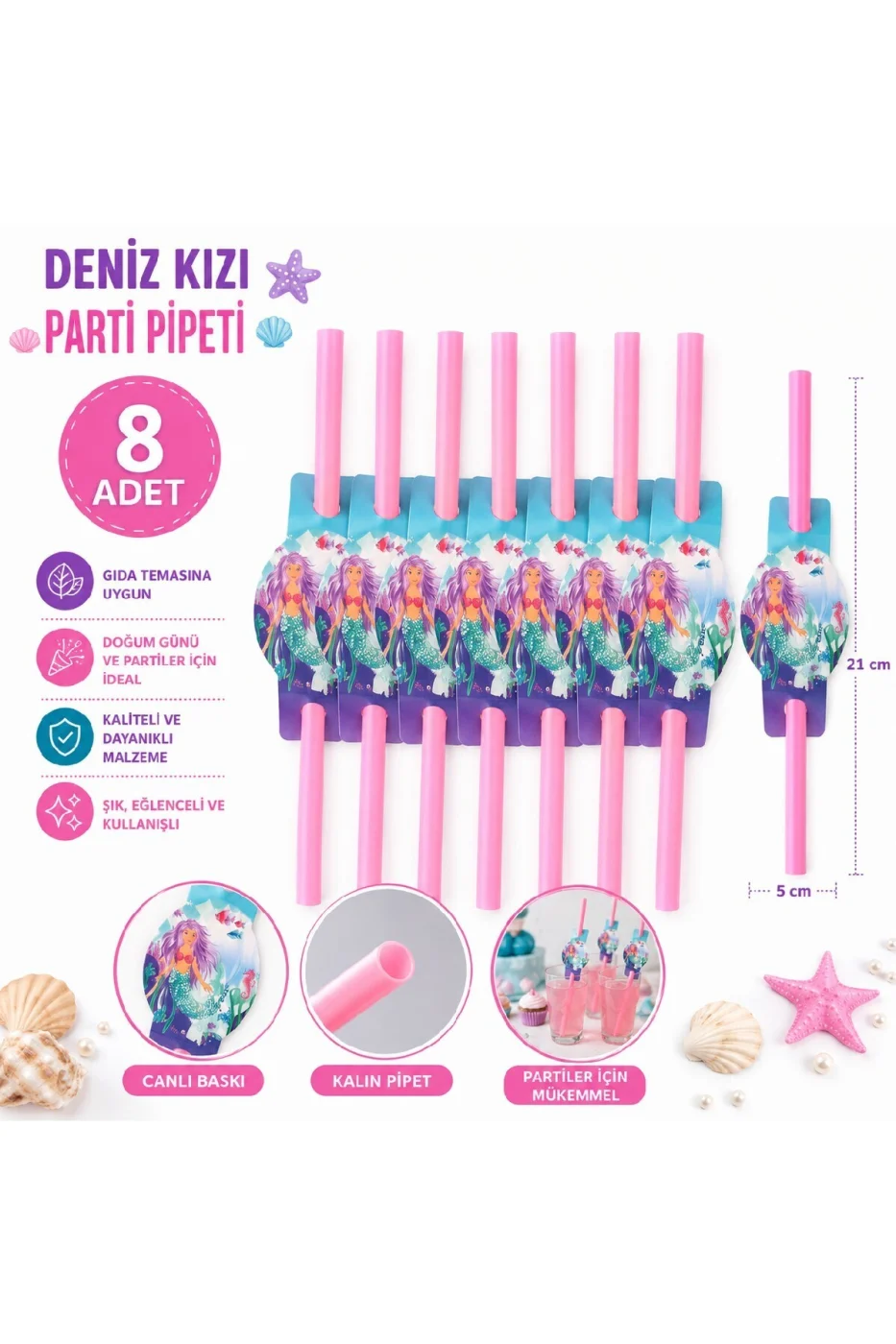 🏆 Deniz Kızı Doğum Günü Parti Pipeti 8 Adet Pembe Mermaid Parti Süsü