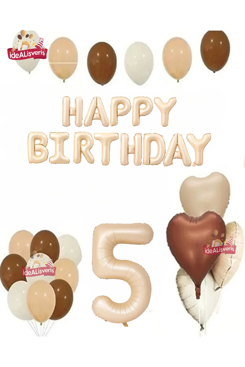 Happy Birthday 5 Yaş Bej Folyo Balon Kahverengi Beyaz Bej Doğum Günü Parti Seti