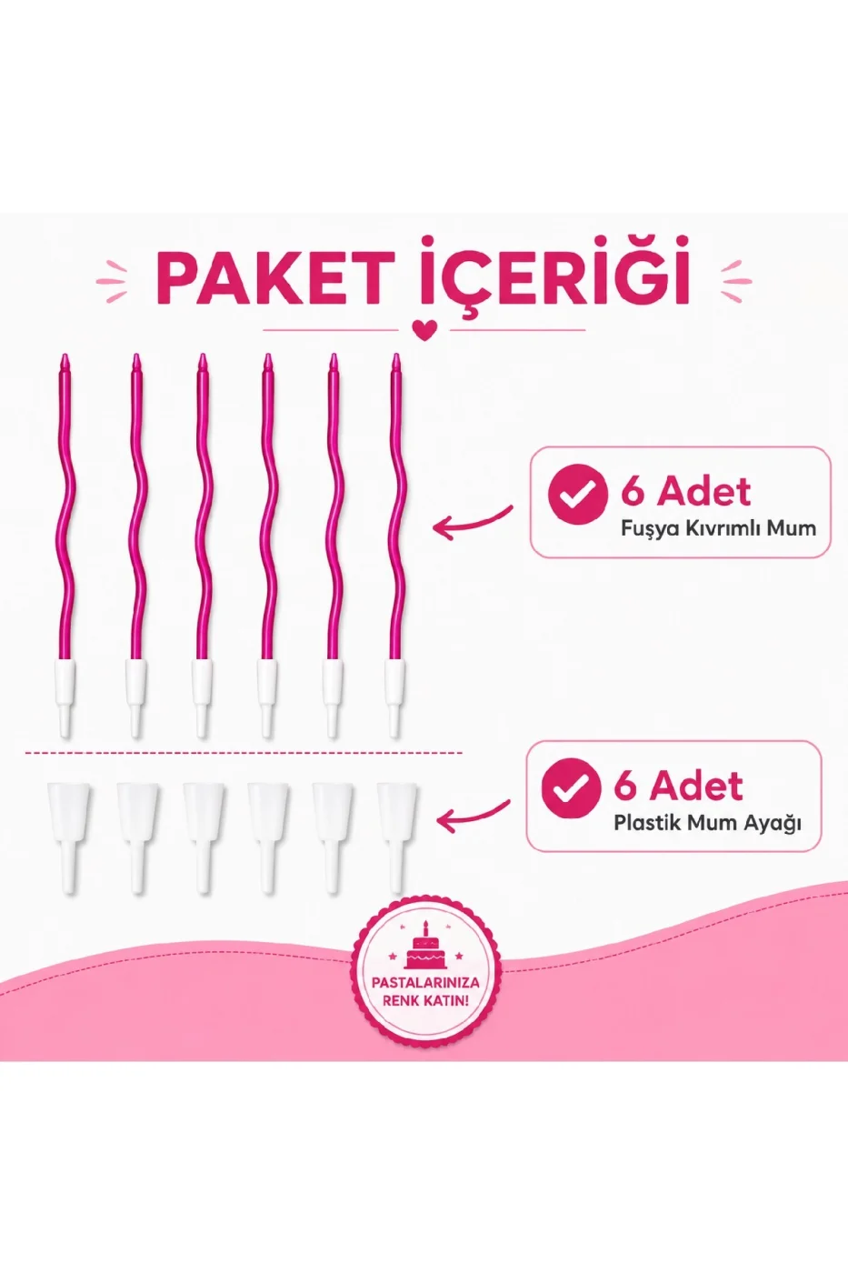 6'lı Fuşya Kıvrımlı Doğum Günü Pasta Mumu – Spiral Kutlama Mum Seti gorsel 5