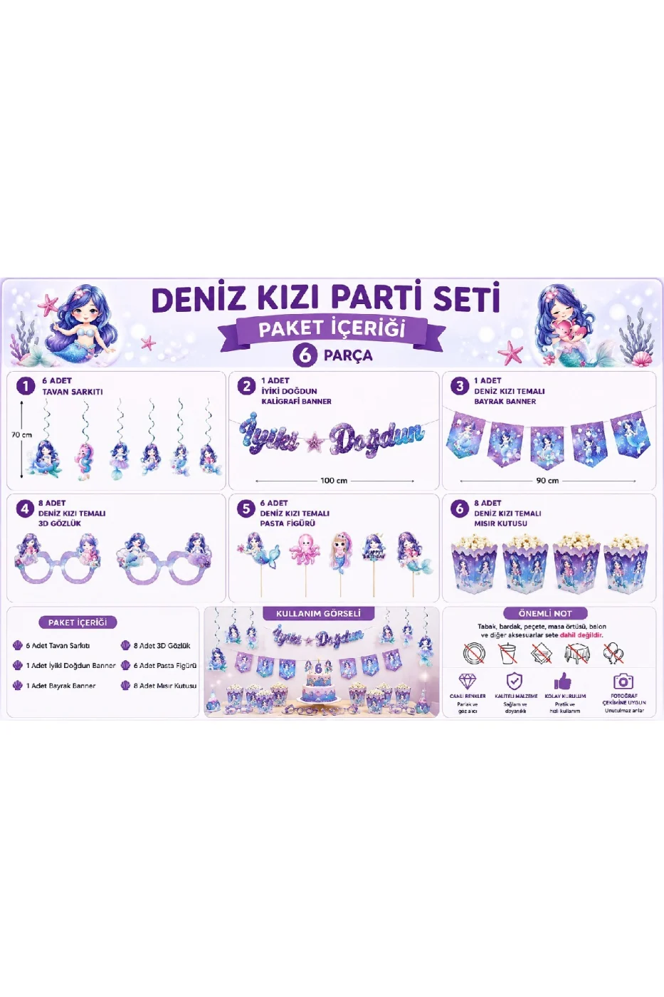 Deniz Kızı Parti Seti 30 Parça – İyi Ki Doğdun Doğum Günü Süsleri – Banner, Gözlük, Pasta Süsü ve Mısır Kutusu Konsept Süsleri Pasta Süsü gorsel 6